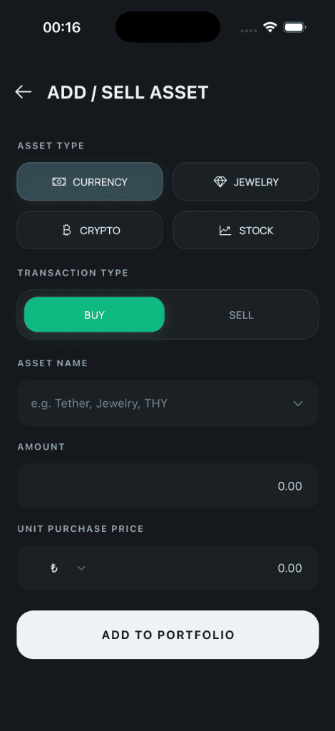 Add Asset screen