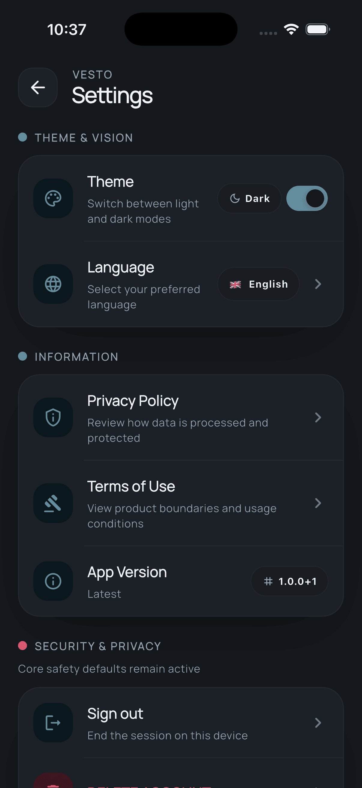 Settings screen